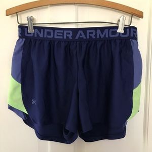 Under Armour Navy Blue and Lime Green Loose Fit Running Shorts Size Medium